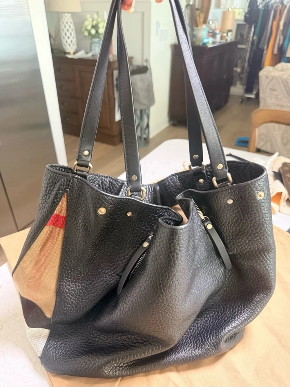 Burberry House Check Black Leather Large Shoulder Tote + Dust Bag